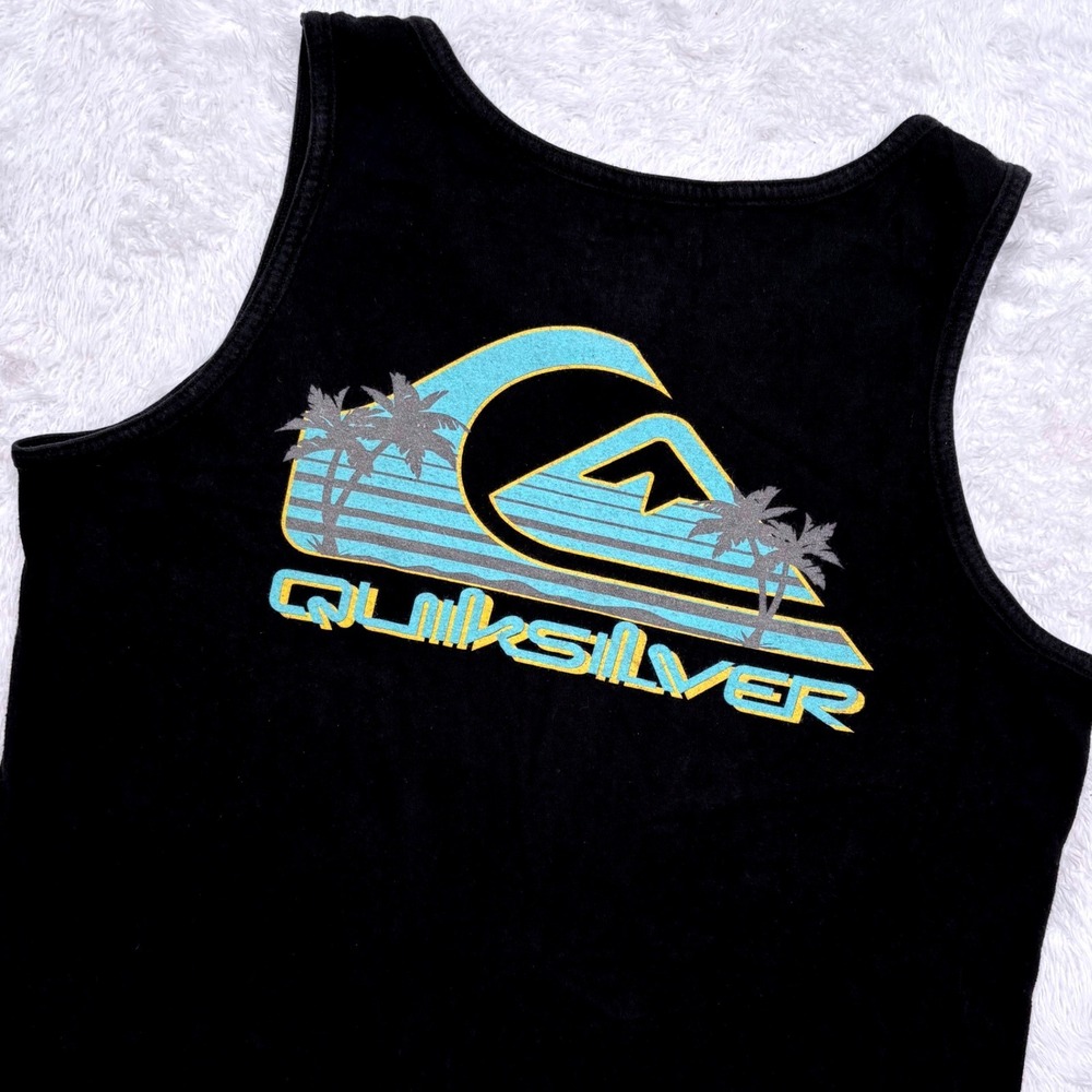 Quiksilver Tank Top Men S (FIT XS) Black Graphic Surf Wave Palm Tree Skater Boxy